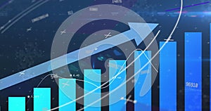 Digital image of multiple changing numbers over statistical data processing on blue background