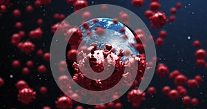 Digital image of multiple covid-19 cells floating over globe against blue background