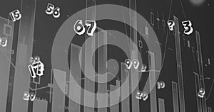 Digital image of multiple numbers floating against financial data processing on grey background