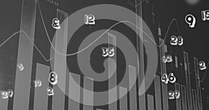 Digital image of multiple numbers floating against financial data processing on grey background