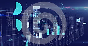 Digital image of multiple screens with data processing against spot of light on blue background