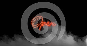 Digital image of neon orange open text sign over smoke effect against black background