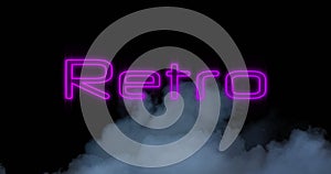 Digital image of neon purple retro text sign over smoke effect against black background