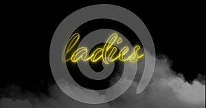 Digital image of neon yellow ladies text sign over smoke effect against black background