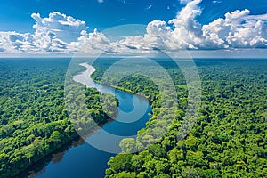Digital image of panoramic view of the amazon rainforest and river, with white clouds in the sky, captured