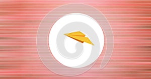 Digital image of paper plane icon over white circular banner against striped pink background