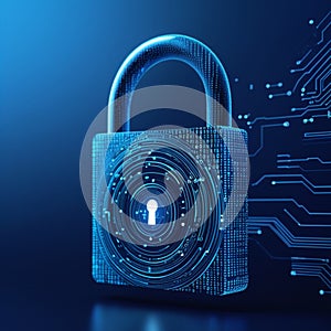 A digital image representing cybersecurity. A padlock composed of binary code and circuitry signifies data protection