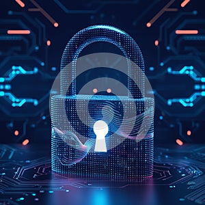 A digital image representing cybersecurity. A padlock composed of binary code and circuitry signifies data protection