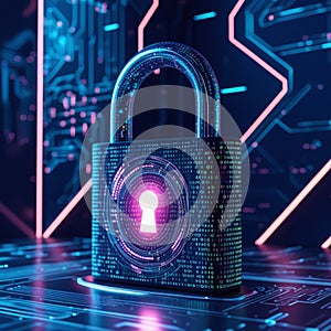 A digital image representing cybersecurity. A padlock composed of binary code and circuitry signifies data protection