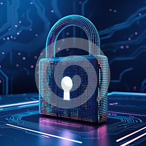 A digital image representing cybersecurity. A padlock composed of binary code and circuitry signifies data protection