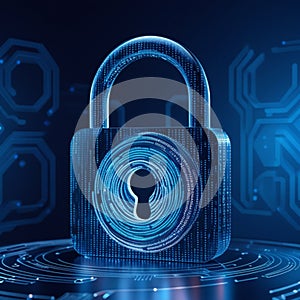 A digital image representing cybersecurity. A padlock composed of binary code and circuitry signifies data protection