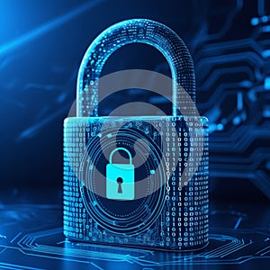 A digital image representing cybersecurity. A padlock composed of binary code and circuitry signifies data protection