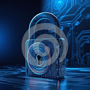 A digital image representing cybersecurity. A padlock composed of binary code and circuitry signifies data protection