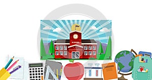 Digital image of school building icon against multiple school concept icons on white background
