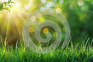 Digital image of spring background with green grass and blurred sun rays