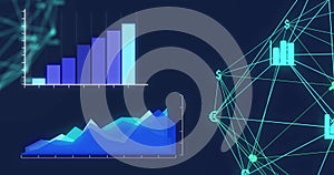Digital image of statistical data processing and globe of digital icons against blue background