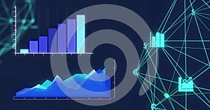 Digital image of statistical data processing and globe of digital icons against blue background