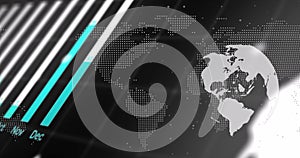 Digital image of statistical data processing over globe and world map on black background