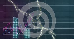 Digital image of thunder effect over financial data processing against blue background