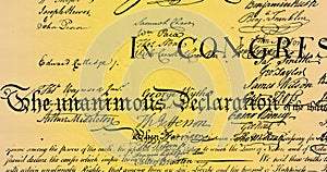 Digital image of written constitution of the United States moving in the screen against yellow and b