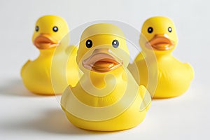 Digital image of  yellow rubber ducks isolated on white background, front view, side view and back view