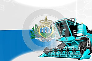 Digital industrial 3D illustration of blue advanced rural combine harvester on San Marino flag - agriculture equipment innovation