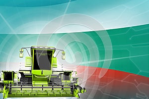 Digital industrial 3D illustration of green modern rye combine harvesters on Bulgaria flag, farming equipment modernisation