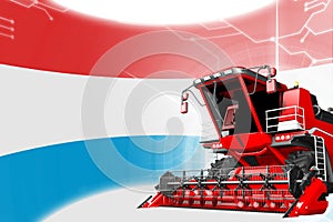 Digital industrial 3D illustration of red advanced farm combine harvester on Luxembourg flag - agriculture equipment innovation