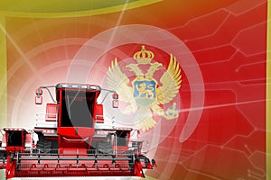 Digital industrial 3D illustration of red modern wheat combine harvesters on Montenegro flag, farming equipment modernisation