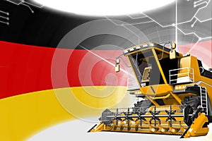 Digital industrial 3D illustration of yellow advanced wheat combine harvester on Germany flag - agriculture equipment innovation