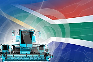Farm machinery modernisation concept, 3 blue modern farm combine harvesters on South Africa flag - digital industrial 3D photo