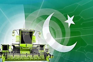 Farm machinery modernisation concept, 3 green modern rural combine harvesters on Pakistan flag - digital industrial 3D photo
