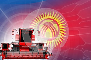 Farm machinery modernisation concept, 3 red modern rural combine harvesters on Kyrgyzstan flag - digital industrial 3D photo