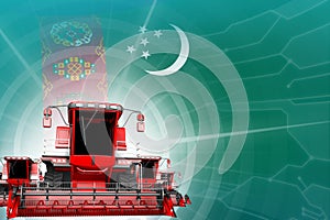 Farm machinery modernisation concept, 3 red modern rye combine harvesters on Turkmenistan flag - digital industrial 3D photo