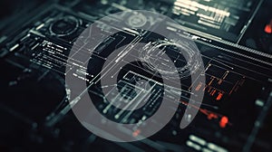 Digital infographic interface displaying data and coding patterns