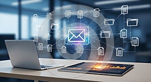 Digital Information Flow and Email Communication Network on Office Desk with Laptop and Tablet