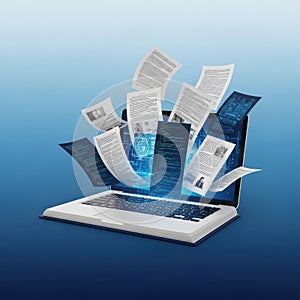 Digital information flowing from a laptop screen representing data transfer and cloud storage concepts