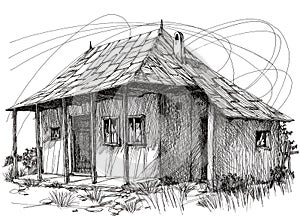 Digital ink illustration with an old traditional house from Romania, surrounded by nature