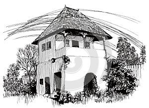 Digital ink illustration with an old traditional house from Romania, surrounded by nature