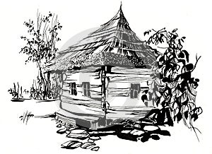 Digital ink illustration with an old traditional house from Romania, surrounded by nature