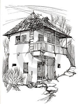 Digital ink illustration with an old traditional house from Romania, surrounded by nature