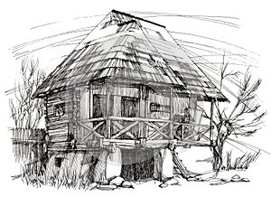 Digital ink illustration with an old traditional house from Romania, surrounded by nature