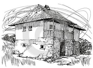 Digital ink illustration with an old traditional house from Romania, surrounded by nature