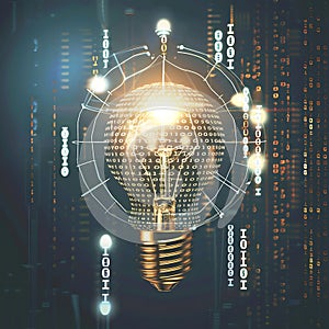 Digital Innovation Glowing Lightbulb with Binary Code Network