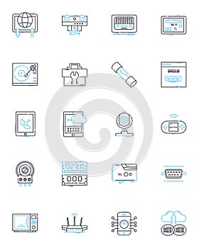 Digital instruments linear icons set. Synthesizer, Sampler, Drum machine, Sequencer, Controller, Keyboard, Modulator