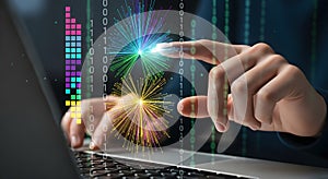 Digital interaction: hands touching a screen with binary code and glowing lights