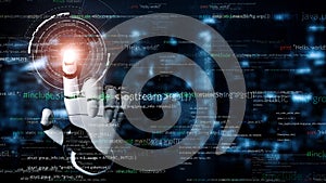 Digital Interaction with Technology and Coding Concepts: Futuristic Hand Touching Abstract Data Interface with Code