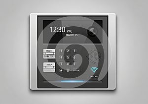 Digital intercom system featuring a sleek metallic design. It