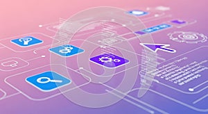 Digital interface with app icons and data visualization on a gradient background