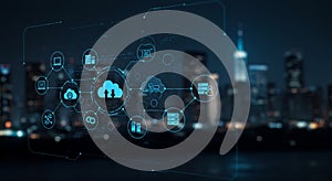 Digital interface with cloud computing icons interconnected over a blurred city skyline